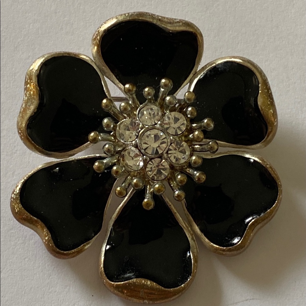 Vintage Women’s Costume Jewelry Silver Tone Black Flower Rhinestone Brooch